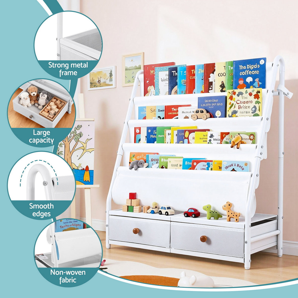 Keezi Kids Bookshelf Metal Storage Rack Toy Organiser Display Shelf Drawer White FURNI-Z-BOOK-MEDR-WH