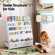 Keezi Kids Bookshelf Metal Storage Rack Toy Organiser Display Shelf Drawer White FURNI-Z-BOOK-MEDR-WH