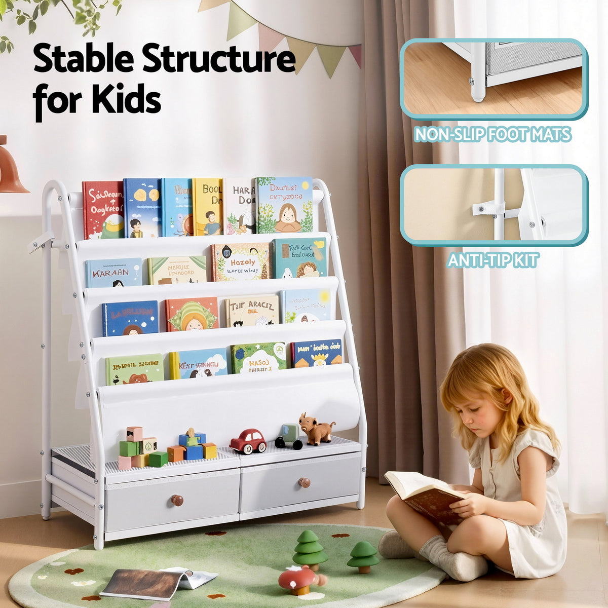 Keezi Kids Bookshelf Metal Storage Rack Toy Organiser Display Shelf Drawer White FURNI-Z-BOOK-MEDR-WH
