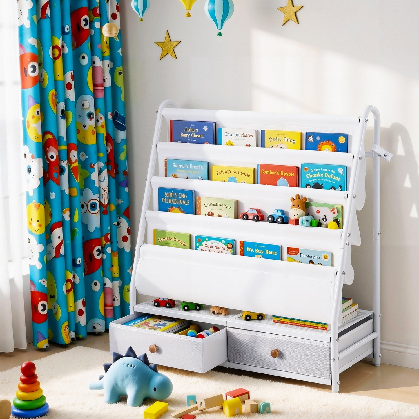 Keezi Kids Bookshelf Metal Storage Rack Toy Organiser Display Shelf Drawer White FURNI-Z-BOOK-MEDR-WH