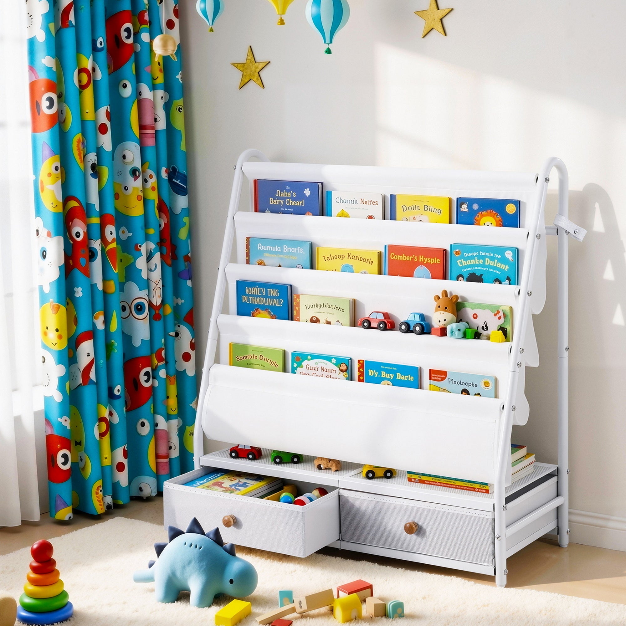 Keezi Kids Bookshelf Metal Storage Rack Toy Organiser Display Shelf Drawer White FURNI-Z-BOOK-MEDR-WH