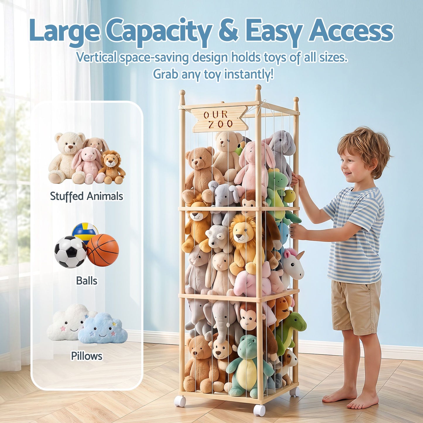 Keezi Stuffed Animal Storage Wooden Toy Holder with Wheels Soft Toy Storage Zoo Cage Stuffy Toy Storage FURNI-Z-TOYCAGE-3T-WD