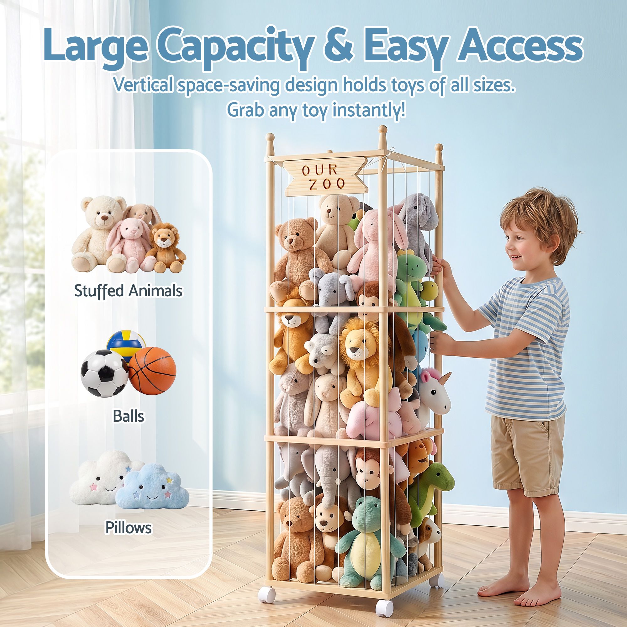 Keezi Stuffed Animal Storage Wooden Toy Holder with Wheels Soft Toy Storage Zoo Cage Stuffy Toy Storage FURNI-Z-TOYCAGE-3T-WD