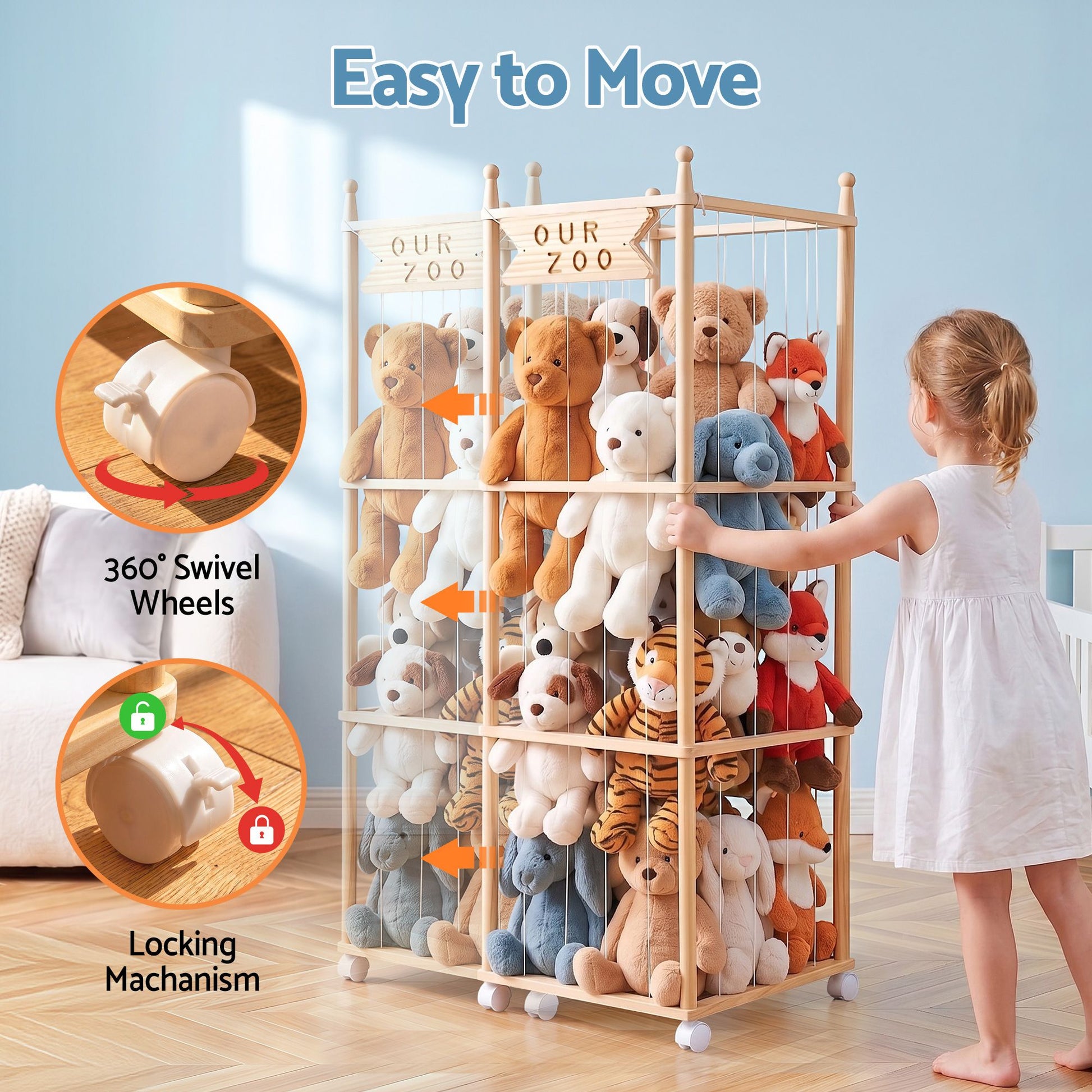 Keezi Stuffed Animal Storage Wooden Toy Holder with Wheels Soft Toy Storage Zoo Cage Stuffy Toy Storage FURNI-Z-TOYCAGE-3T-WD