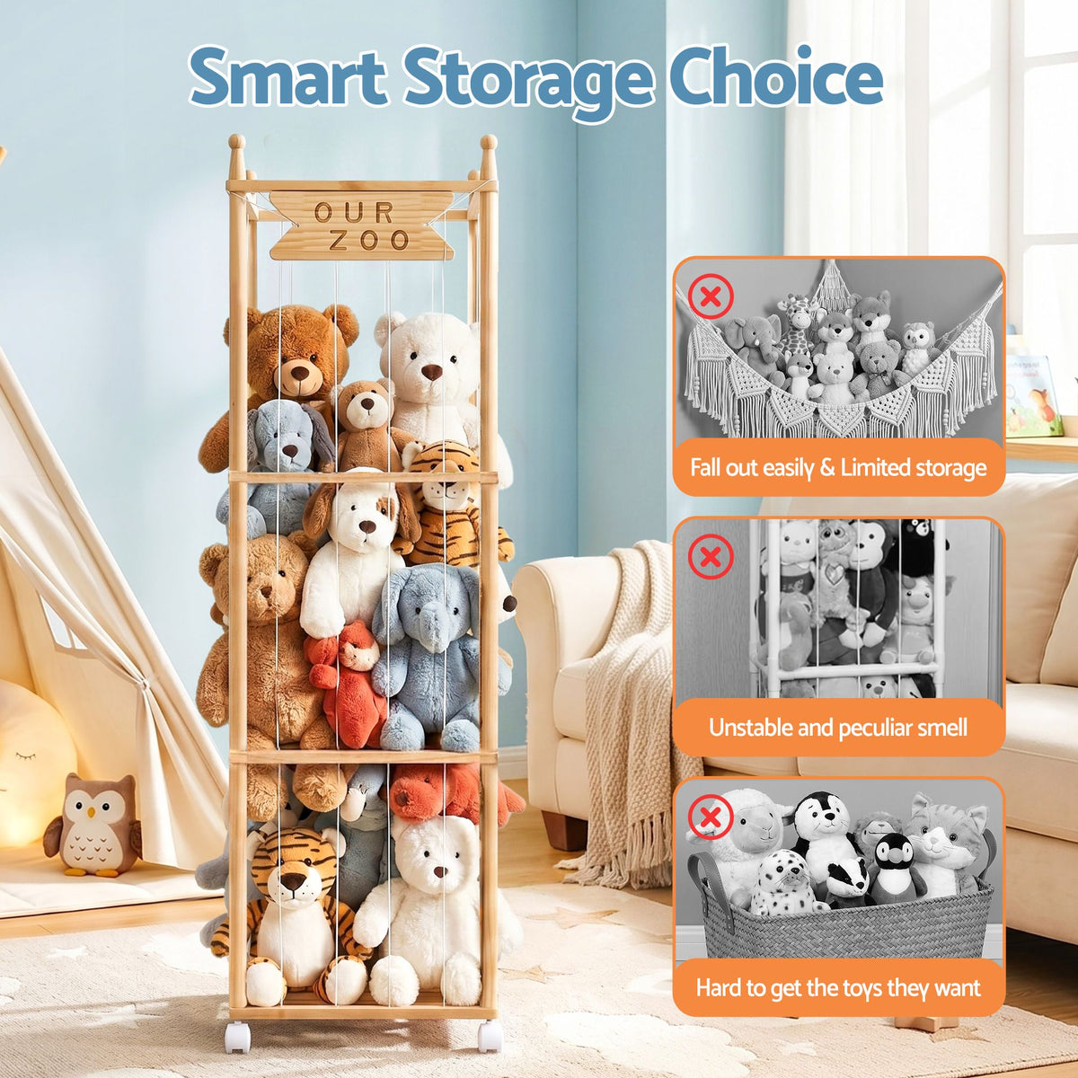 Keezi Stuffed Animal Storage Wooden Toy Holder with Wheels Soft Toy Storage Zoo Cage Stuffy Toy Storage FURNI-Z-TOYCAGE-3T-WD