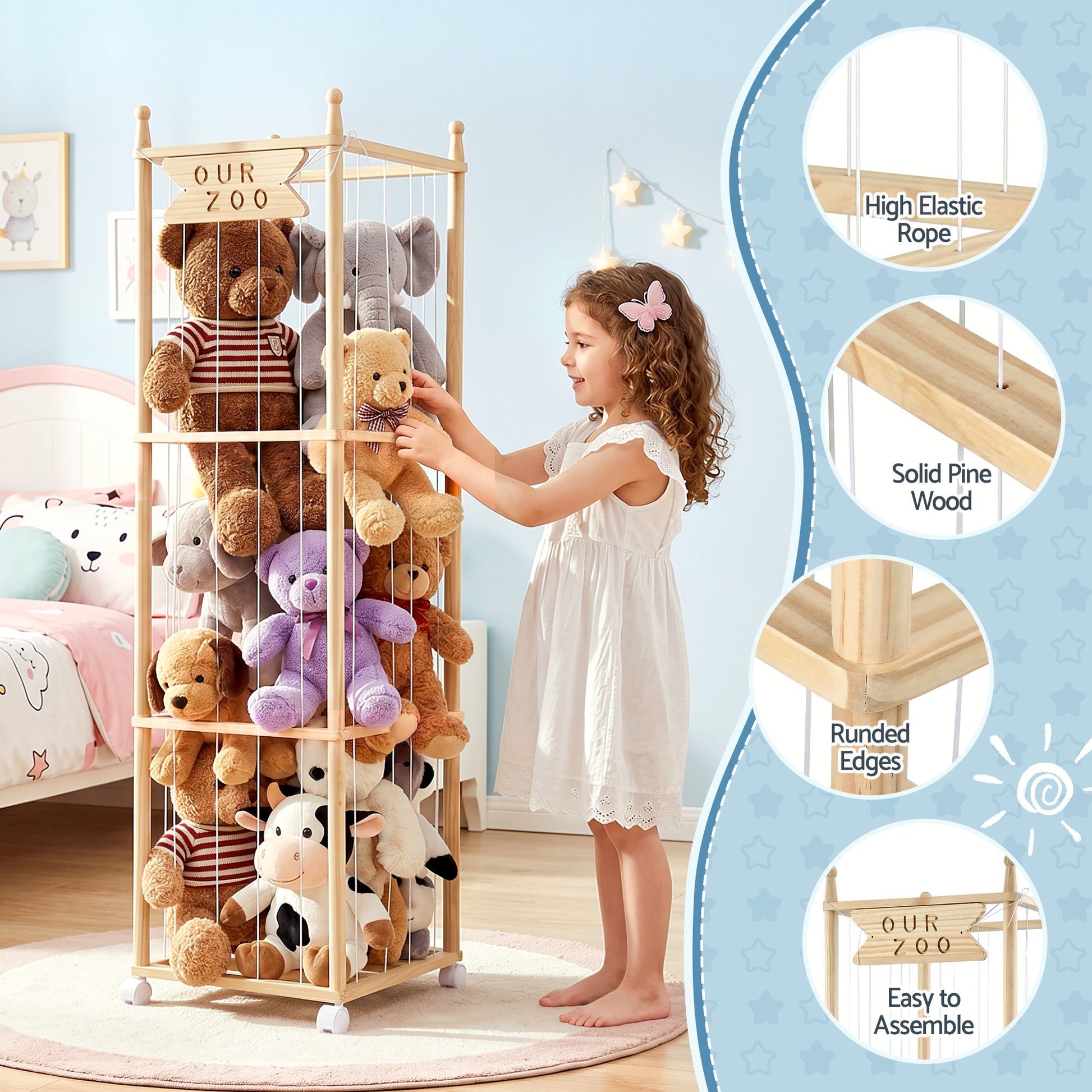 Keezi Stuffed Animal Storage Wooden Toy Holder with Wheels Soft Toy Storage Zoo Cage Stuffy Toy Storage FURNI-Z-TOYCAGE-3T-WD
