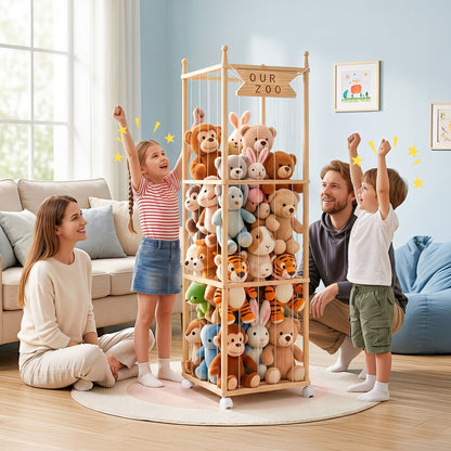 Keezi Stuffed Animal Storage Wooden Toy Holder with Wheels Soft Toy Storage Zoo Cage Stuffy Toy Storage FURNI-Z-TOYCAGE-3T-WD