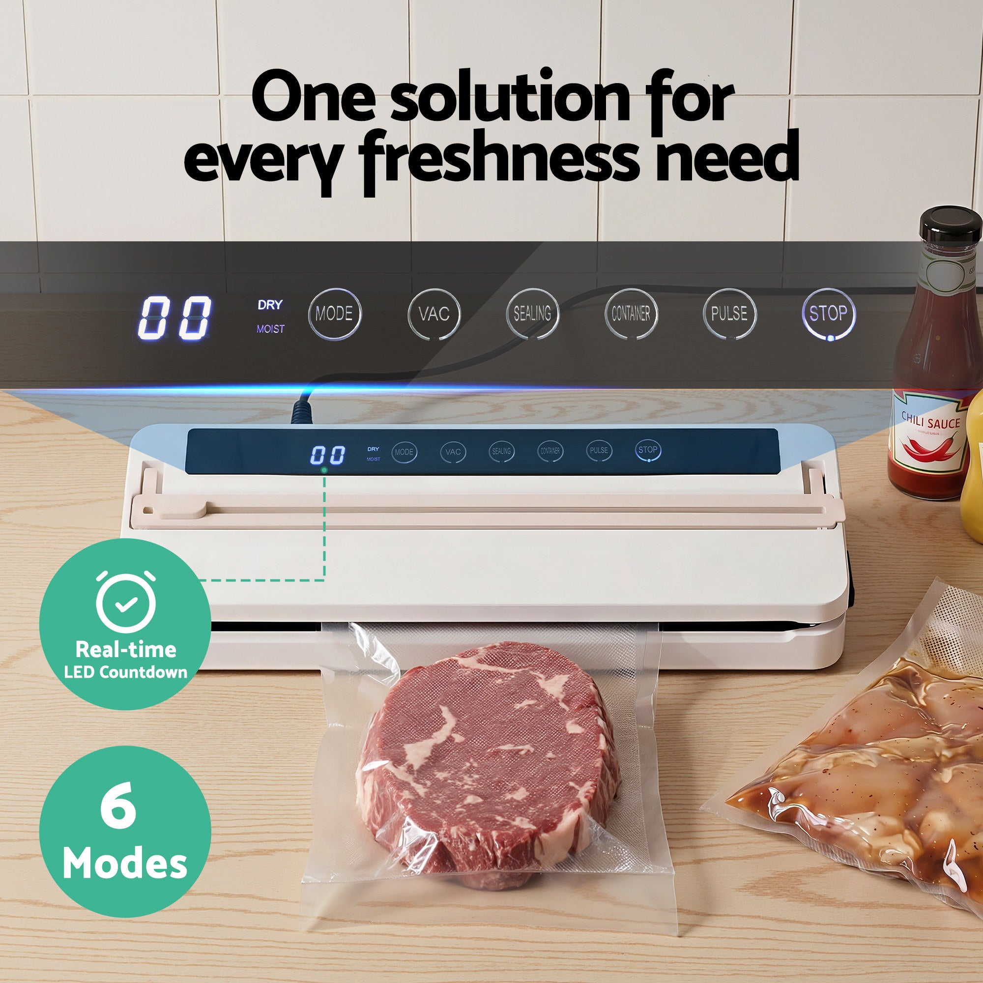 Devanti Food Vacuum Sealer Machine Fresh Storage Auto Seal Slide Cutter 6 Modes White FVS-30-WH