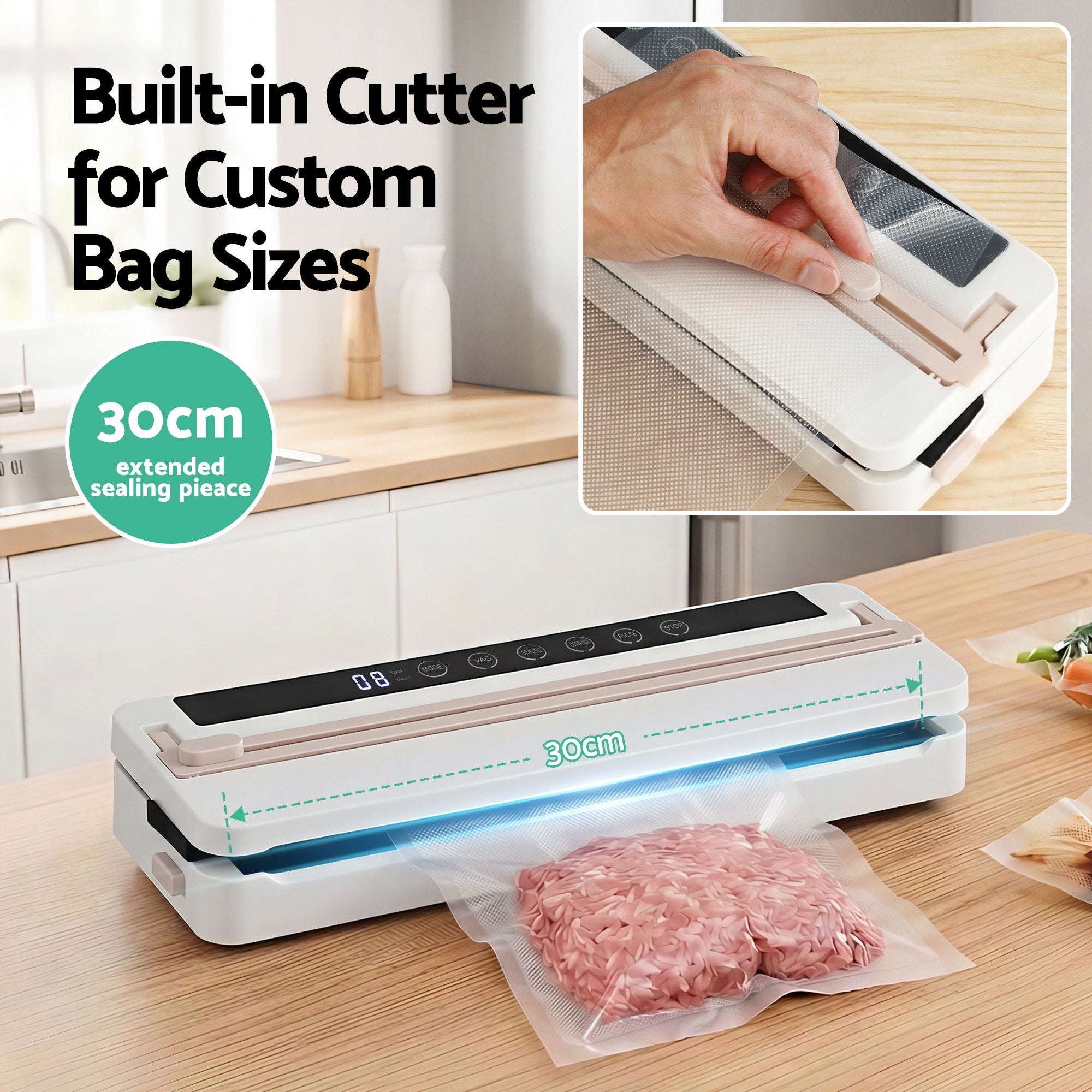 Devanti Food Vacuum Sealer Machine Fresh Storage Auto Seal Slide Cutter 6 Modes White FVS-30-WH