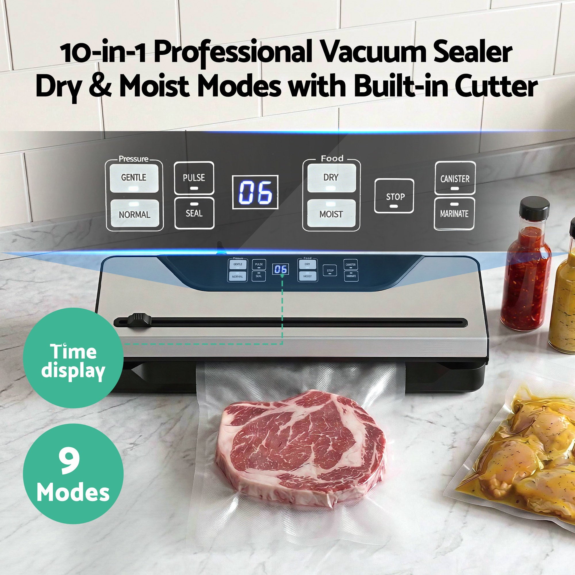 Devanti Food Vacuum Sealer Machine Auto Seal Slide Cutter 9 Modes Marinate Black FVS-32-PKL-BK