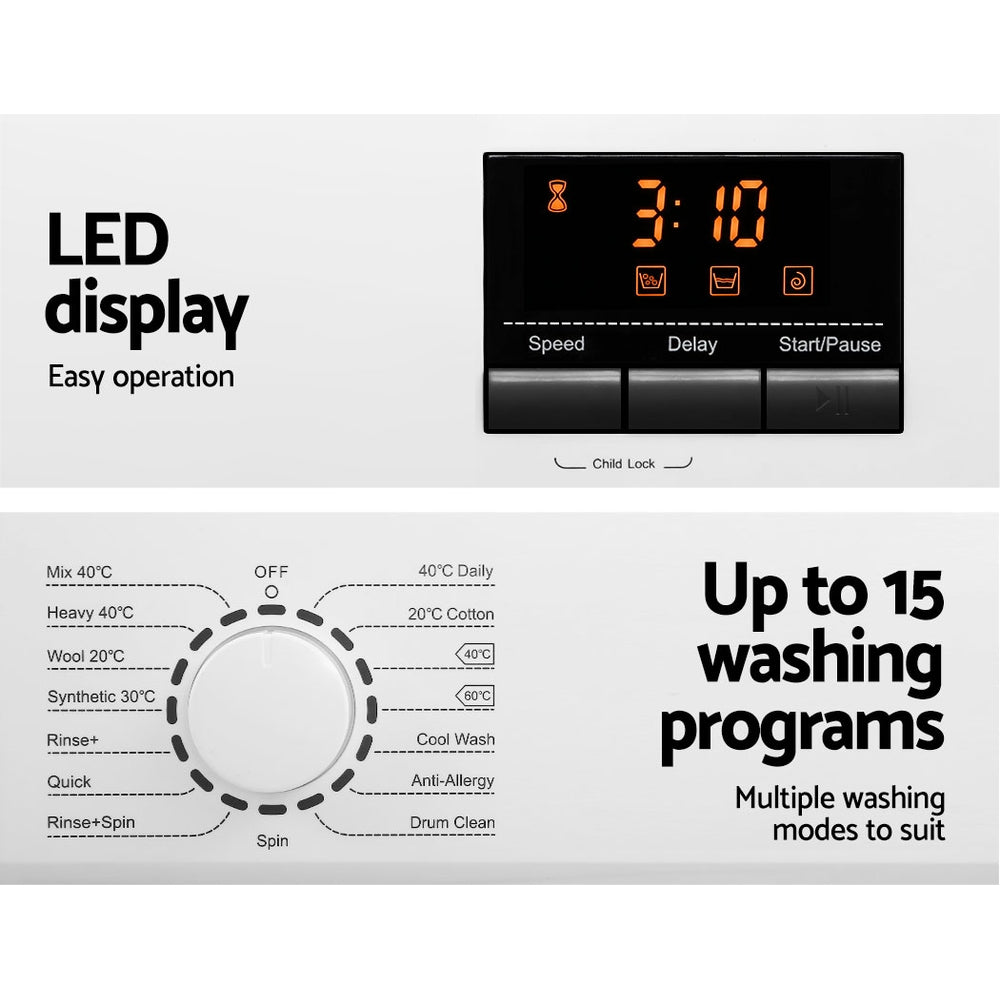Devanti 8kg Front Load Washing Machine Quick Wash 24h Delay Start Automatic FWM-C-8KG-WH
