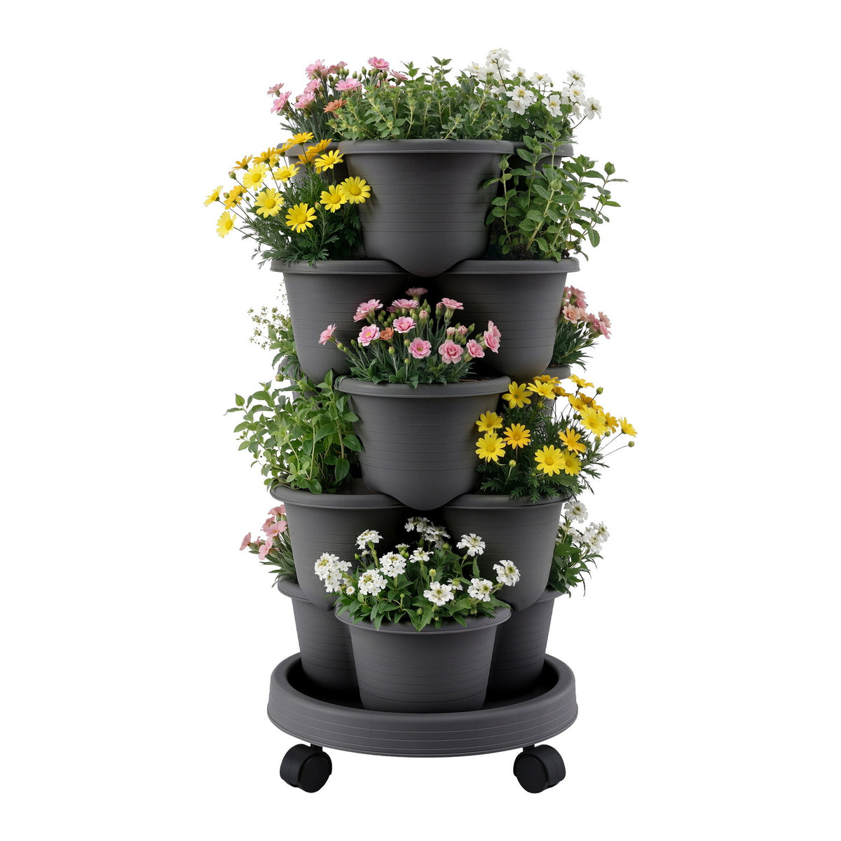 Green Fingers 5 Tier Vertical Garden Planter, Stackable Planters with 4 Wheels, Black, Raised Garden Bed, GARDEN-5T-DGY