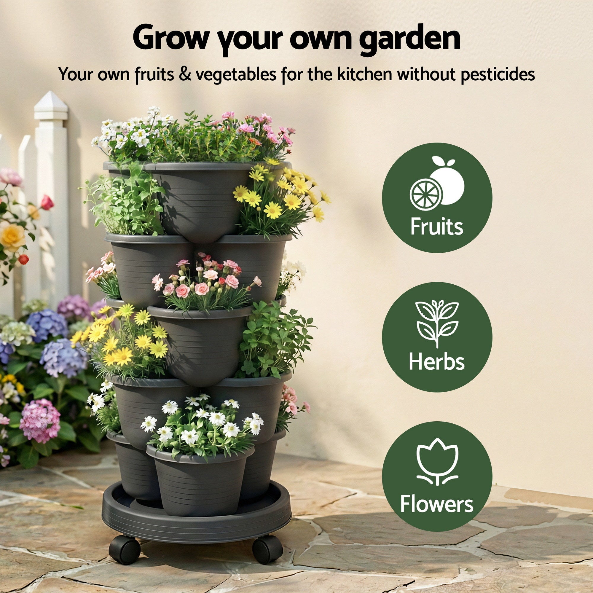 Green Fingers 5 Tier Vertical Garden Planter, Stackable Planters with 4 Wheels, Black, Raised Garden Bed, GARDEN-5T-DGY