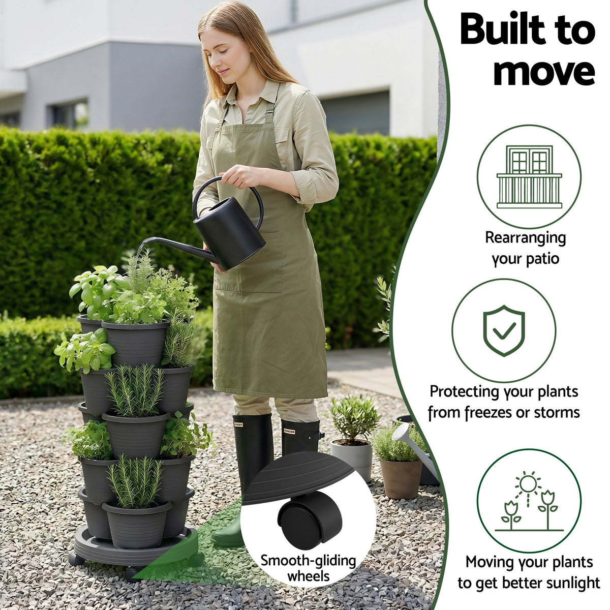 Green Fingers 5 Tier Vertical Garden Planter, Stackable Planters with 4 Wheels, Black, Raised Garden Bed, GARDEN-5T-DGY