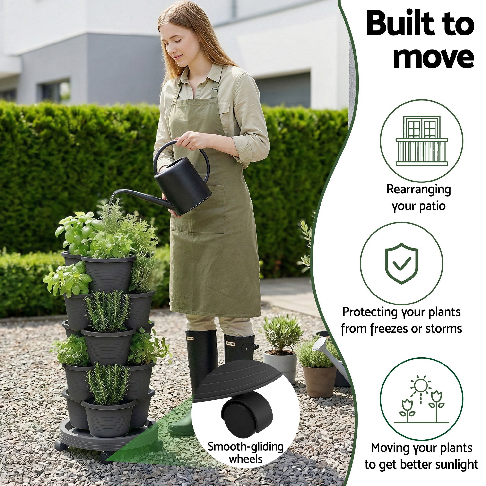 Green Fingers 5 Tier Vertical Garden Planter, Stackable Planters with 4 Wheels, Black, Raised Garden Bed, GARDEN-5T-DGY