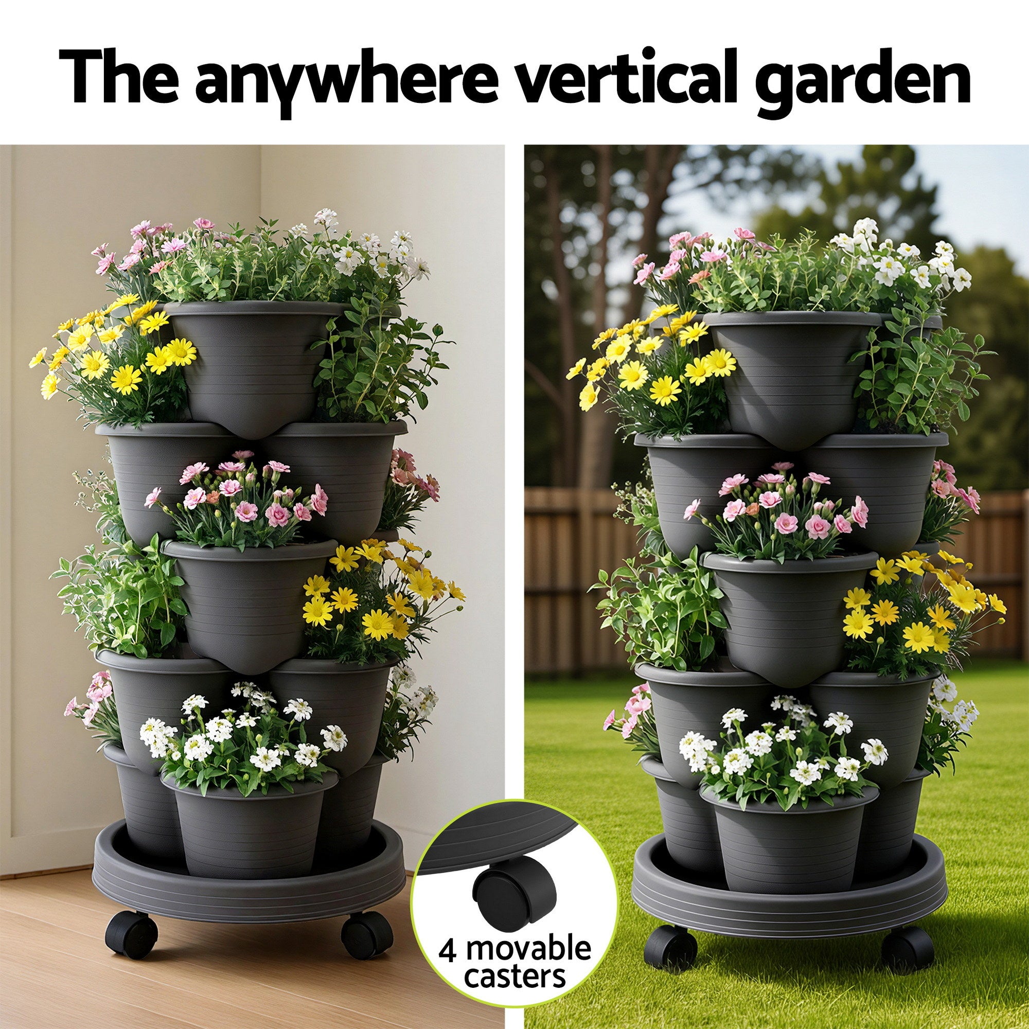 Green Fingers 5 Tier Vertical Garden Planter, Stackable Planters with 4 Wheels, Black, Raised Garden Bed, GARDEN-5T-DGY