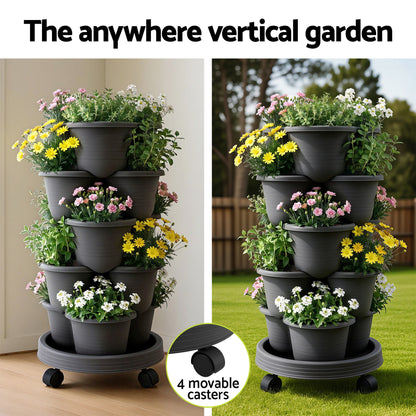Green Fingers 5 Tier Vertical Garden Planter, Stackable Planters with 4 Wheels, Black, Raised Garden Bed, GARDEN-5T-DGY