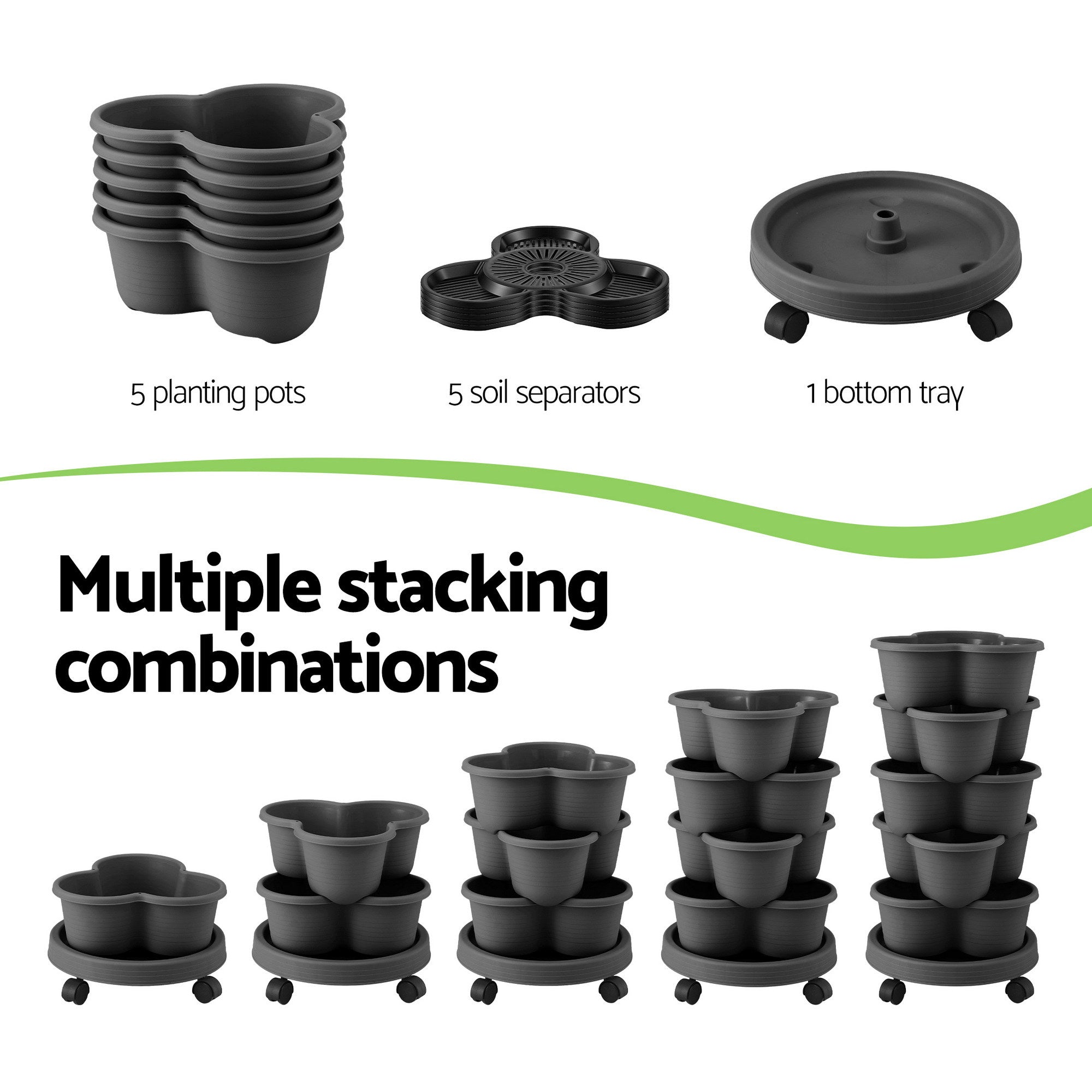 Green Fingers 5 Tier Vertical Garden Planter, Stackable Planters with 4 Wheels, Black, Raised Garden Bed, GARDEN-5T-DGY