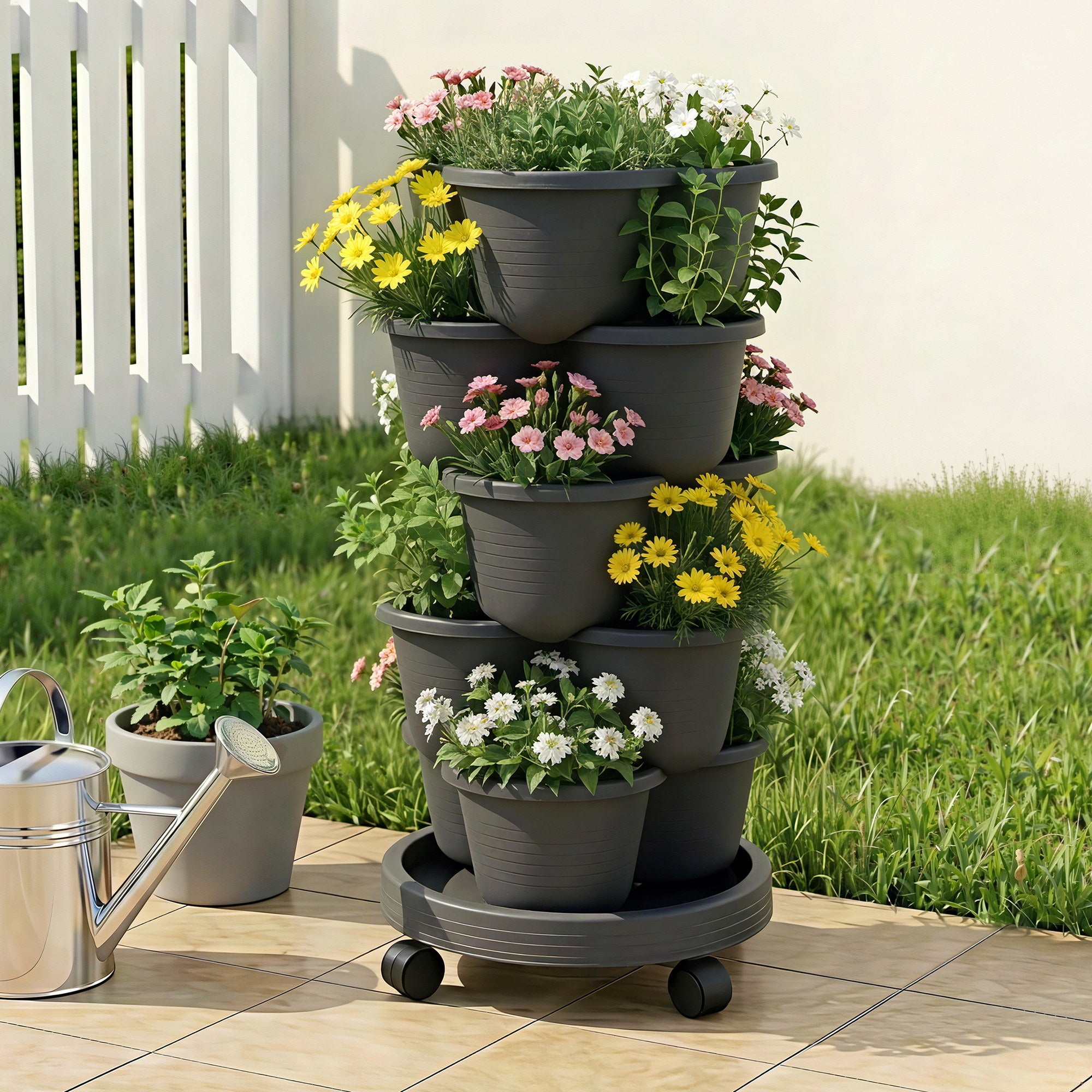 Green Fingers 5 Tier Vertical Garden Planter, Stackable Planters with 4 Wheels, Black, Raised Garden Bed, GARDEN-5T-DGY