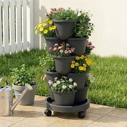 Green Fingers 5 Tier Vertical Garden Planter, Stackable Planters with 4 Wheels, Black, Raised Garden Bed, GARDEN-5T-DGY