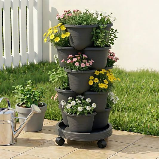 Green Fingers 5 Tier Vertical Garden Planter, Stackable Planters with 4 Wheels, Black, Raised Garden Bed, GARDEN-5T-DGY