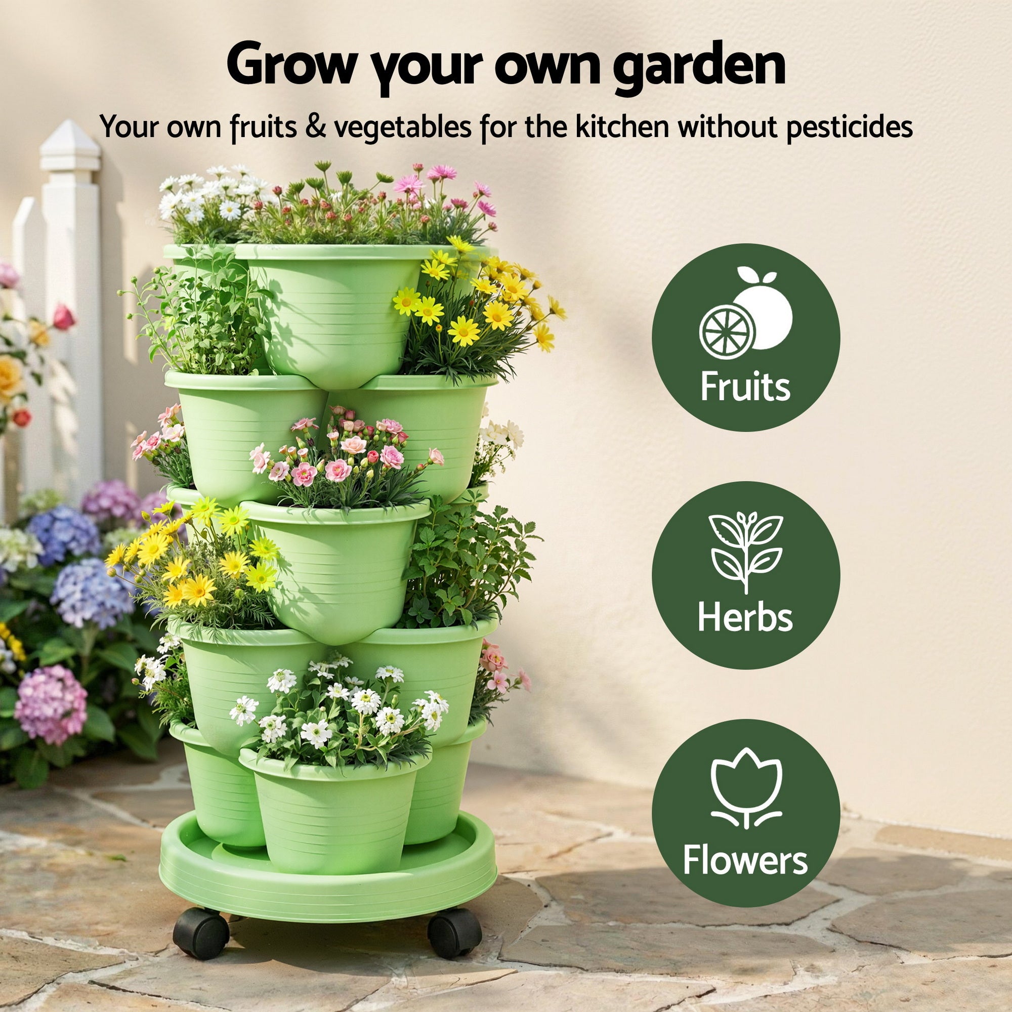 Green Fingers 5 Tier Vertical Garden Planter, Stackable Planters with Wheels, Light Green, Garden Bed, Garden GARDEN-5T-LGR