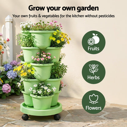 Green Fingers 5 Tier Vertical Garden Planter, Stackable Planters with Wheels, Light Green, Garden Bed, Garden GARDEN-5T-LGR