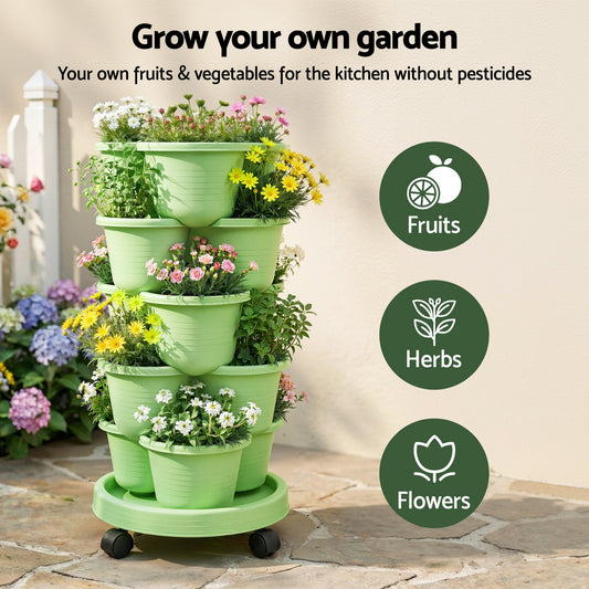 Green Fingers 5 Tier Vertical Garden Planter, Stackable Planters with Wheels, Light Green, Garden Bed, Garden GARDEN-5T-LGR
