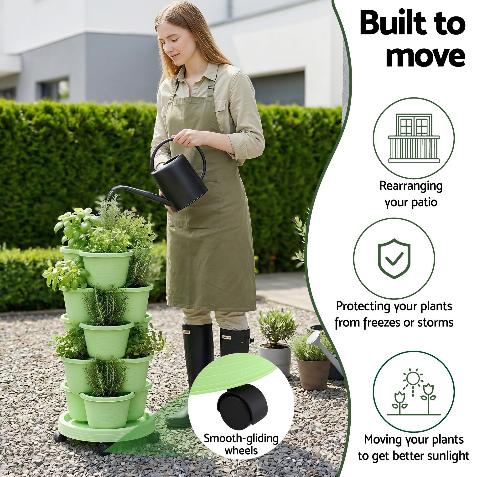 Green Fingers 5 Tier Vertical Garden Planter, Stackable Planters with Wheels, Light Green, Garden Bed, Garden GARDEN-5T-LGR
