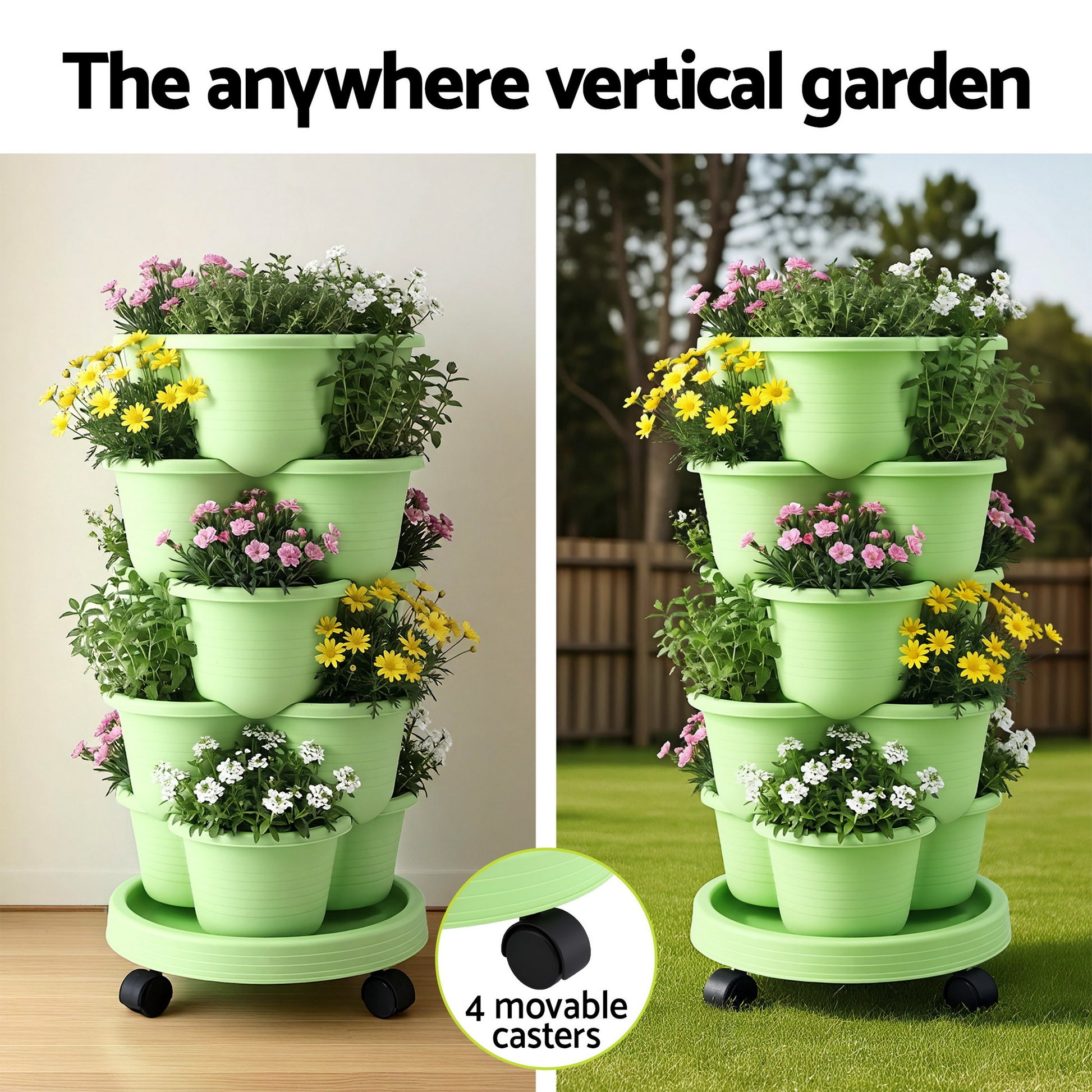Green Fingers 5 Tier Vertical Garden Planter, Stackable Planters with Wheels, Light Green, Garden Bed, Garden GARDEN-5T-LGR