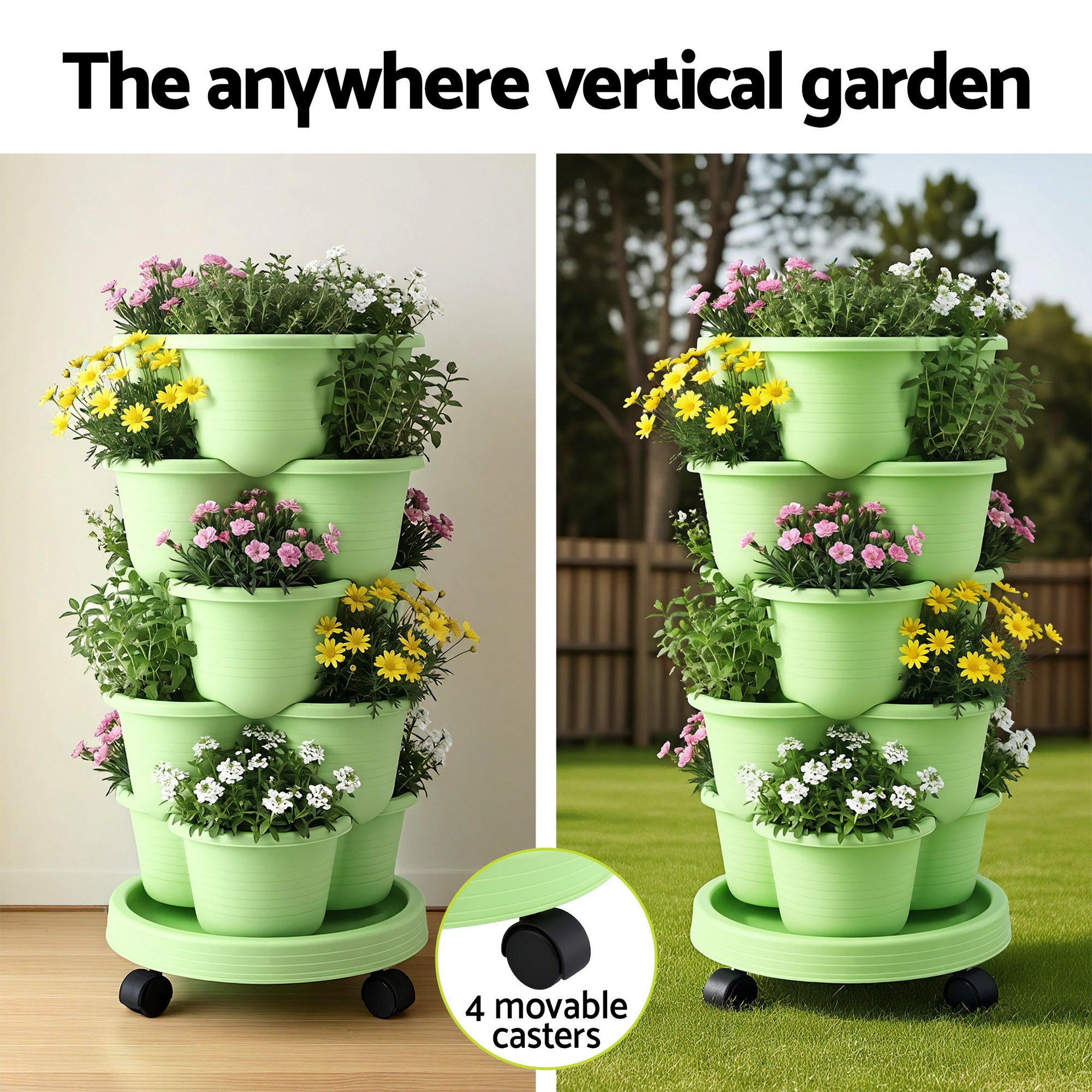 Green Fingers 5 Tier Vertical Garden Planter, Stackable Planters with Wheels, Light Green, Garden Bed, Garden GARDEN-5T-LGR