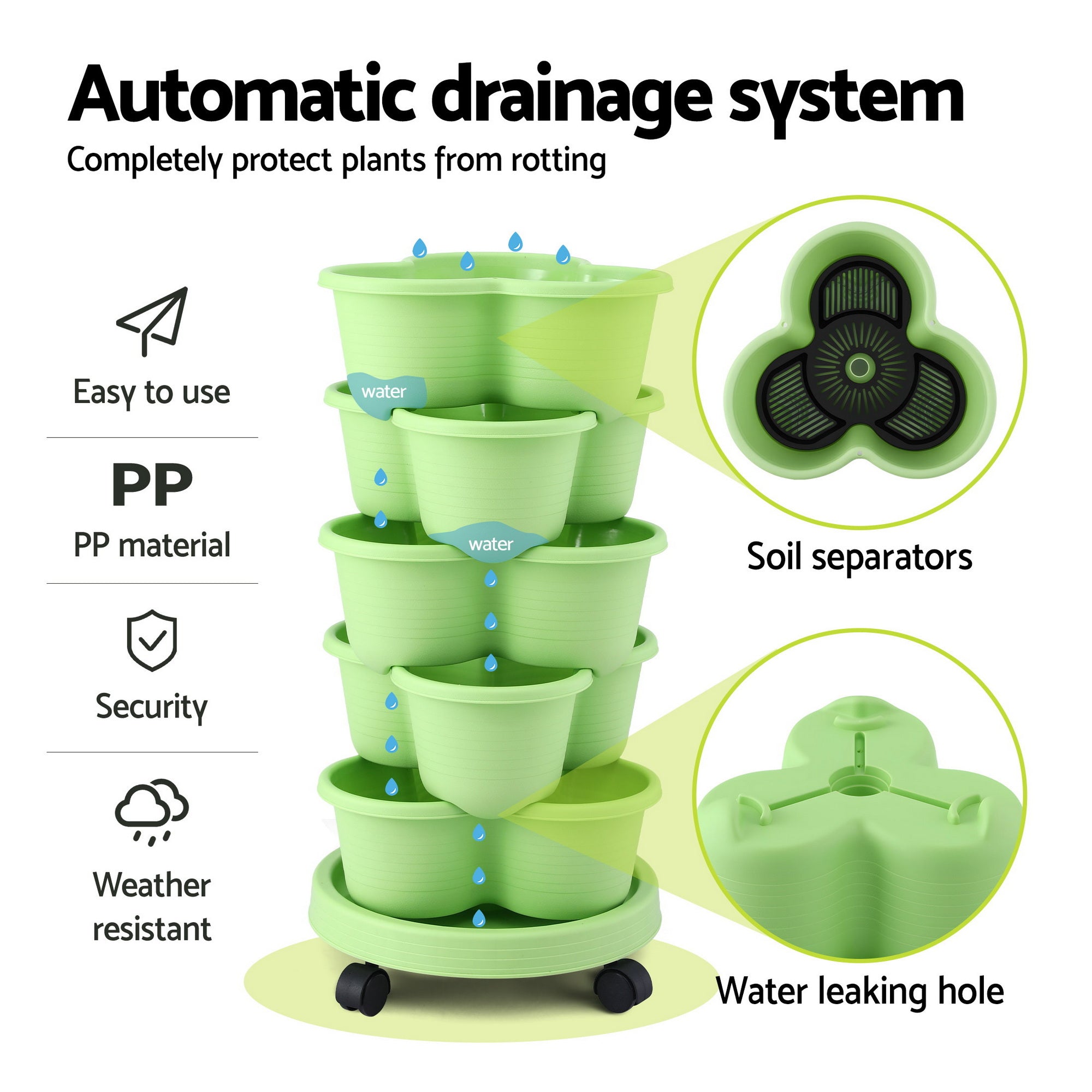 Green Fingers 5 Tier Vertical Garden Planter, Stackable Planters with Wheels, Light Green, Garden Bed, Garden GARDEN-5T-LGR