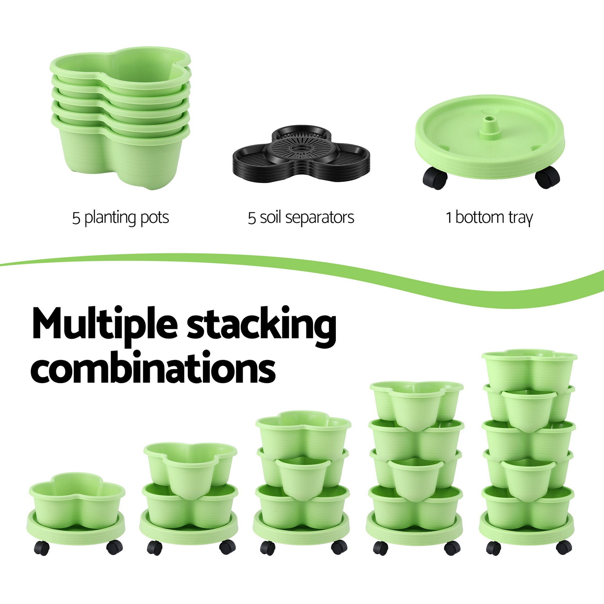Green Fingers 5 Tier Vertical Garden Planter, Stackable Planters with Wheels, Light Green, Garden Bed, Garden GARDEN-5T-LGR