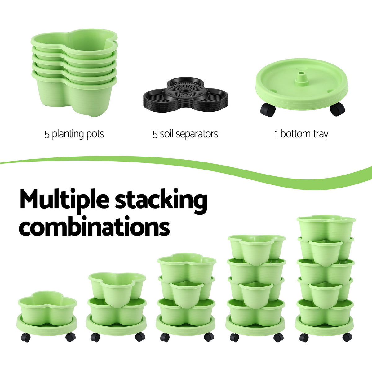 Green Fingers 5 Tier Vertical Garden Planter, Stackable Planters with Wheels, Light Green, Garden Bed, Garden GARDEN-5T-LGR