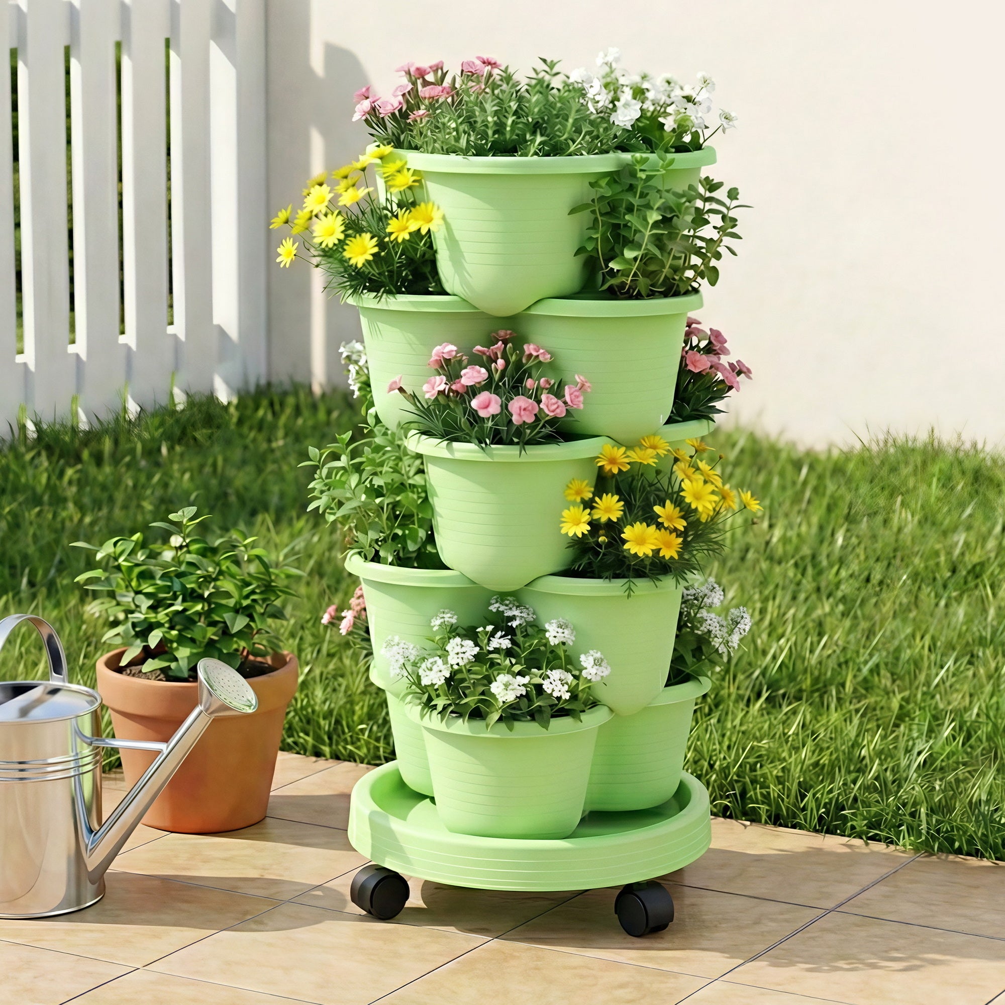 Green Fingers 5 Tier Vertical Garden Planter, Stackable Planters with Wheels, Light Green, Garden Bed, Garden GARDEN-5T-LGR