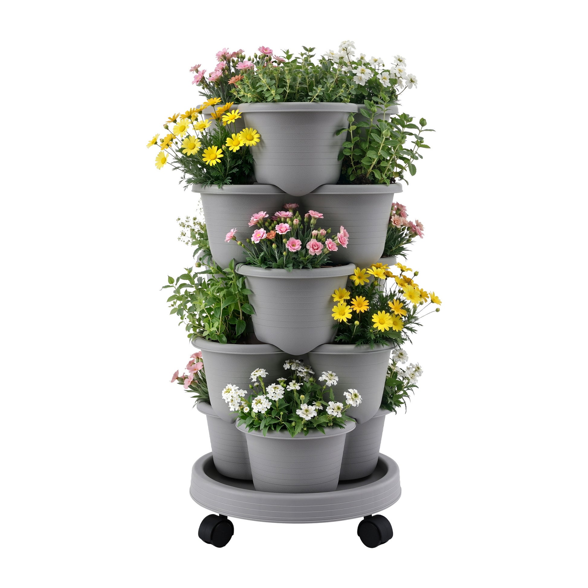 Green Fingers 5 Tier Vertical Garden Planter, Stackable Planters with 4 Wheels, Grey, Raised Garden Bed, GARDEN-5T-LGY