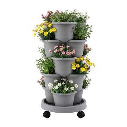 Green Fingers 5 Tier Vertical Garden Planter, Stackable Planters with 4 Wheels, Grey, Raised Garden Bed, GARDEN-5T-LGY
