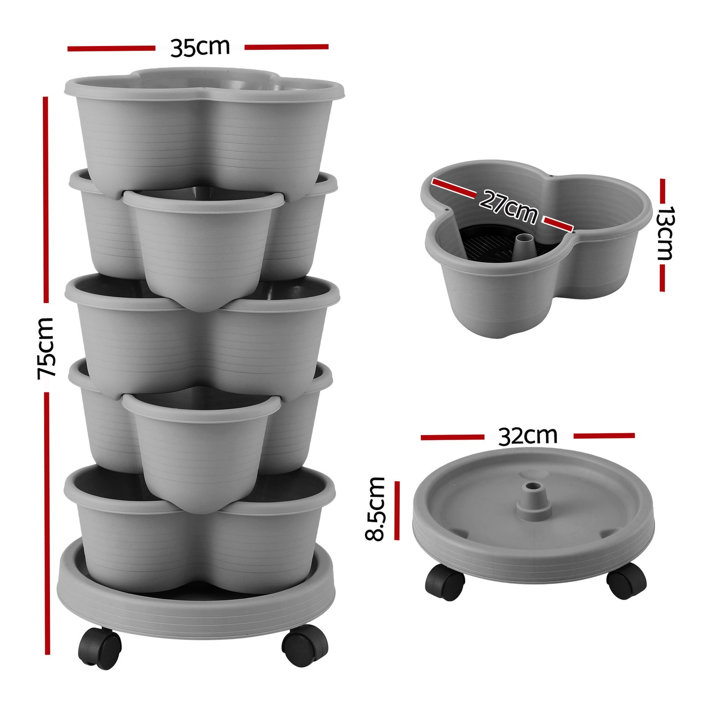 Green Fingers 5 Tier Vertical Garden Planter, Stackable Planters with 4 Wheels, Grey, Raised Garden Bed, GARDEN-5T-LGY