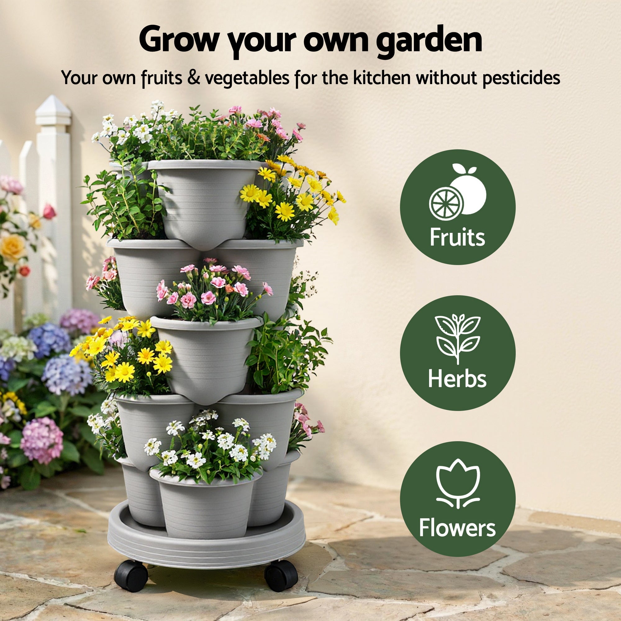 Green Fingers 5 Tier Vertical Garden Planter, Stackable Planters with 4 Wheels, Grey, Raised Garden Bed, GARDEN-5T-LGY