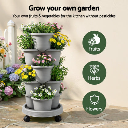 Green Fingers 5 Tier Vertical Garden Planter, Stackable Planters with 4 Wheels, Grey, Raised Garden Bed, GARDEN-5T-LGY