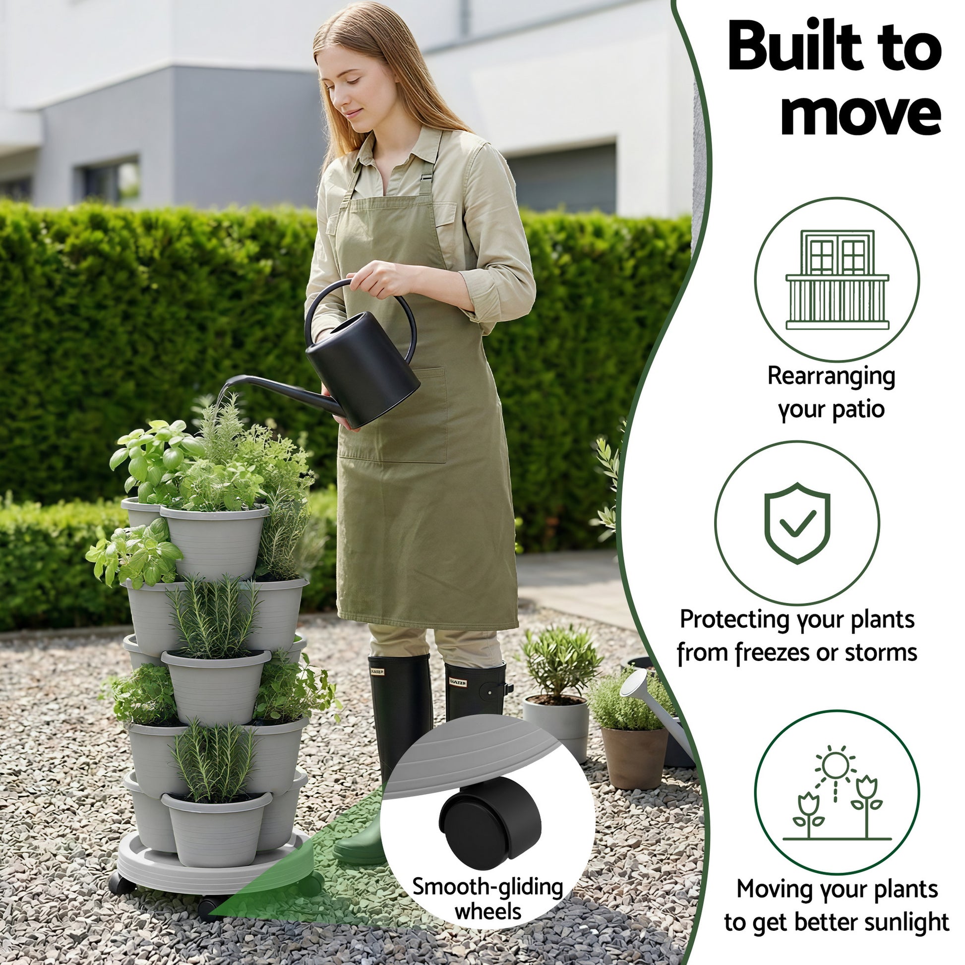 Green Fingers 5 Tier Vertical Garden Planter, Stackable Planters with 4 Wheels, Grey, Raised Garden Bed, GARDEN-5T-LGY