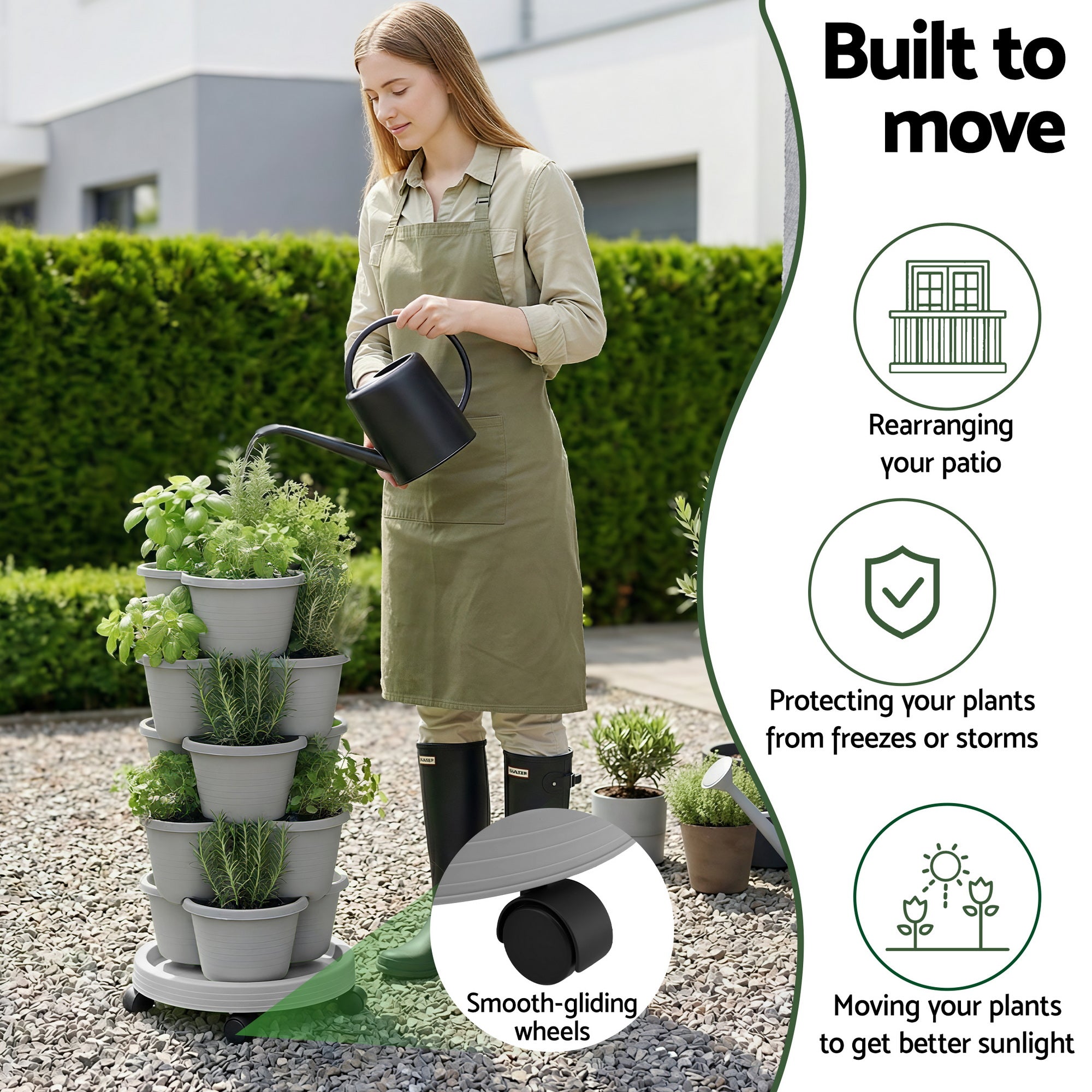 Green Fingers 5 Tier Vertical Garden Planter, Stackable Planters with 4 Wheels, Grey, Raised Garden Bed, GARDEN-5T-LGY