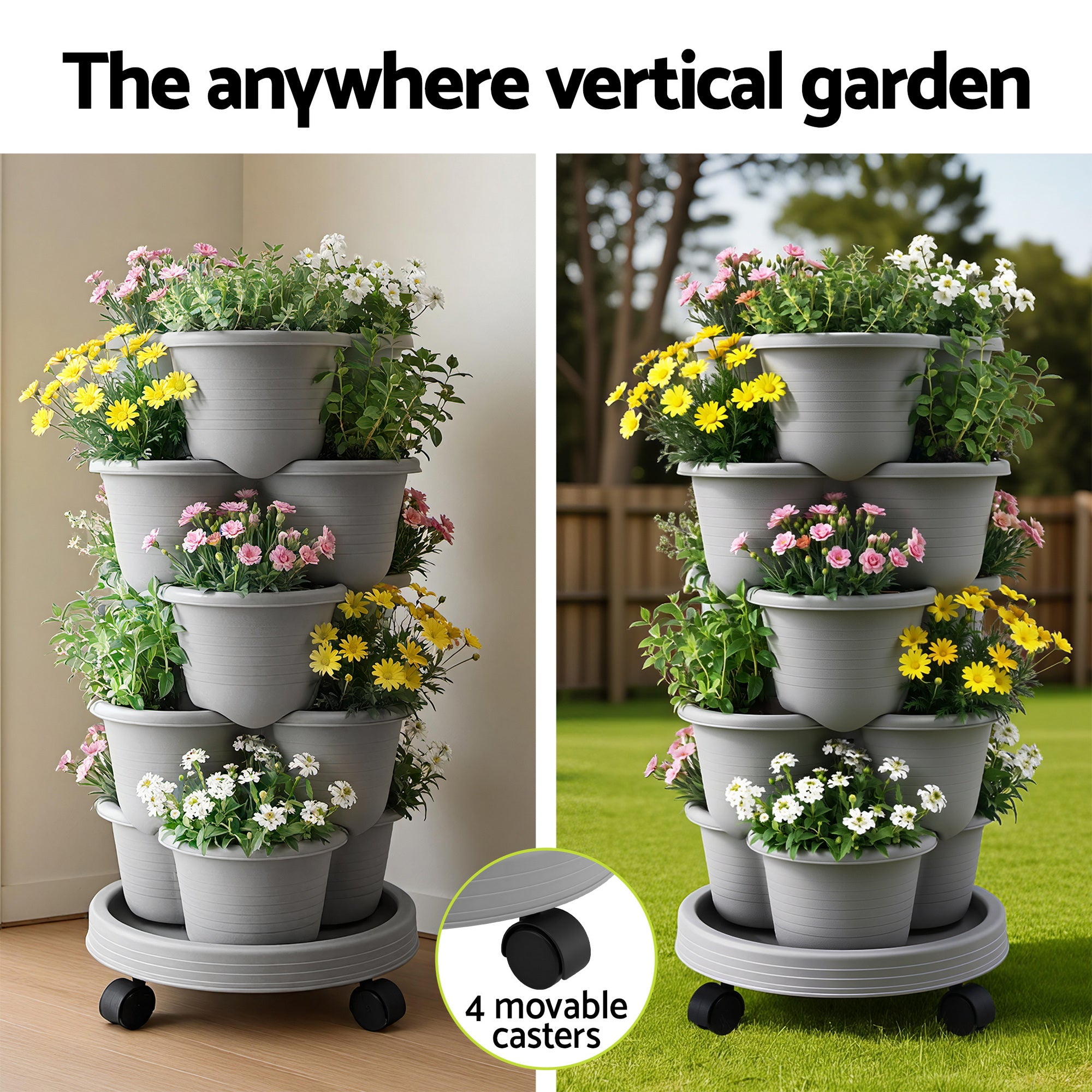 Green Fingers 5 Tier Vertical Garden Planter, Stackable Planters with 4 Wheels, Grey, Raised Garden Bed, GARDEN-5T-LGY