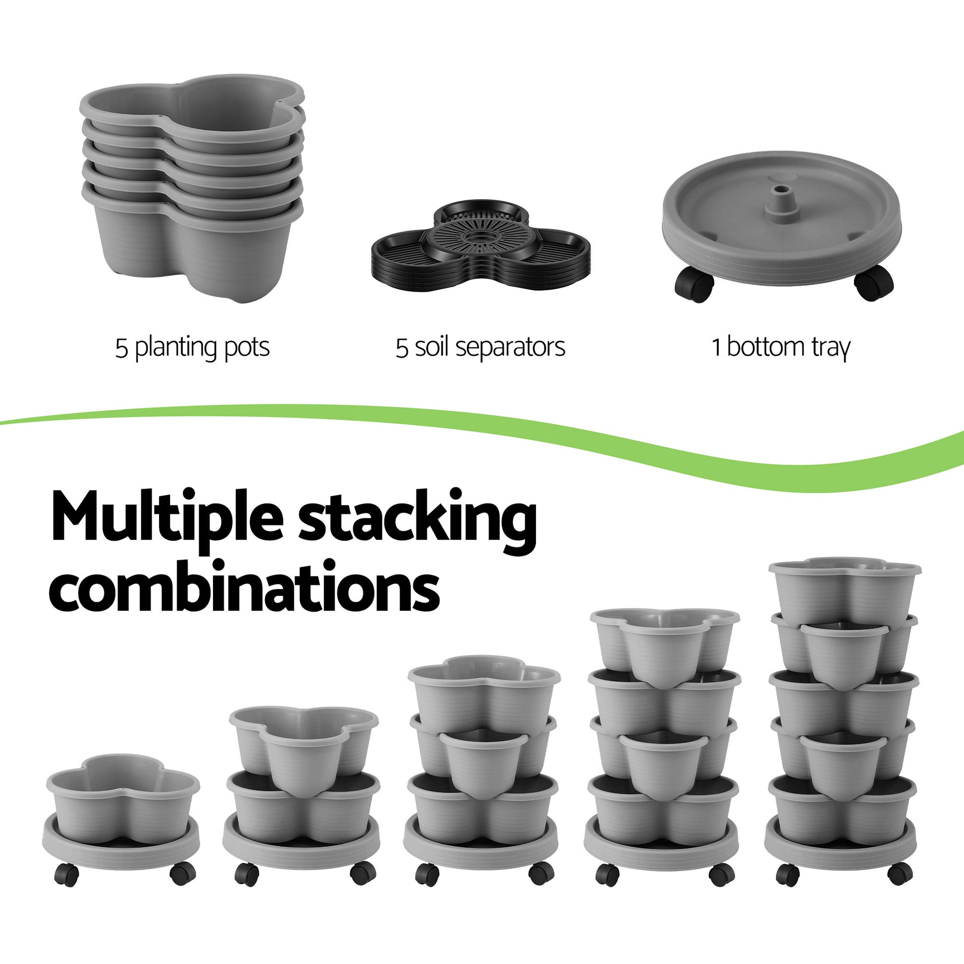 Green Fingers 5 Tier Vertical Garden Planter, Stackable Planters with 4 Wheels, Grey, Raised Garden Bed, GARDEN-5T-LGY