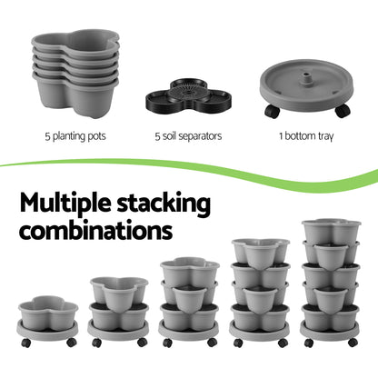 Green Fingers 5 Tier Vertical Garden Planter, Stackable Planters with 4 Wheels, Grey, Raised Garden Bed, GARDEN-5T-LGY