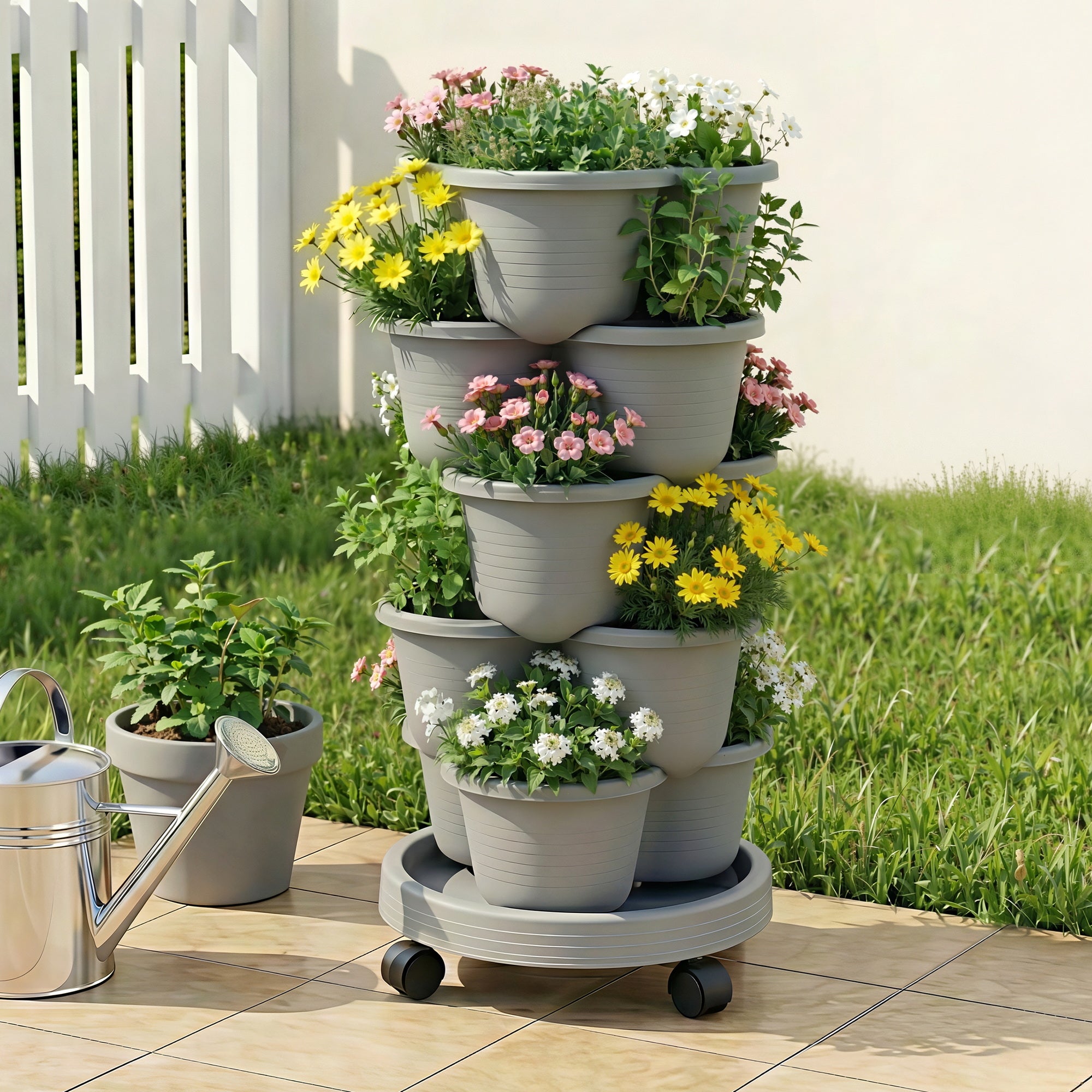 Green Fingers 5 Tier Vertical Garden Planter, Stackable Planters with 4 Wheels, Grey, Raised Garden Bed, GARDEN-5T-LGY