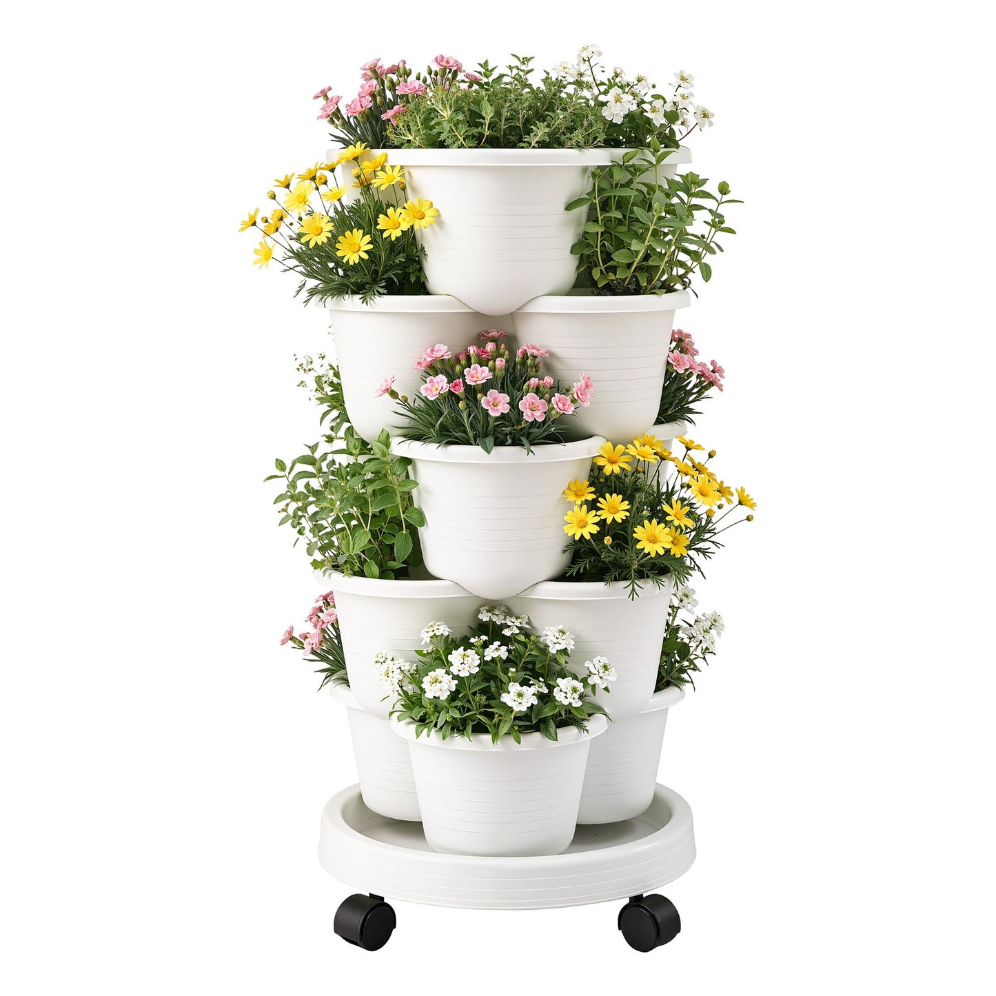 Green Fingers 5 Tier Vertical Garden Planter, Stackable Planters with Wheels, White, Garden Bed, Garden Tower GARDEN-5T-WH