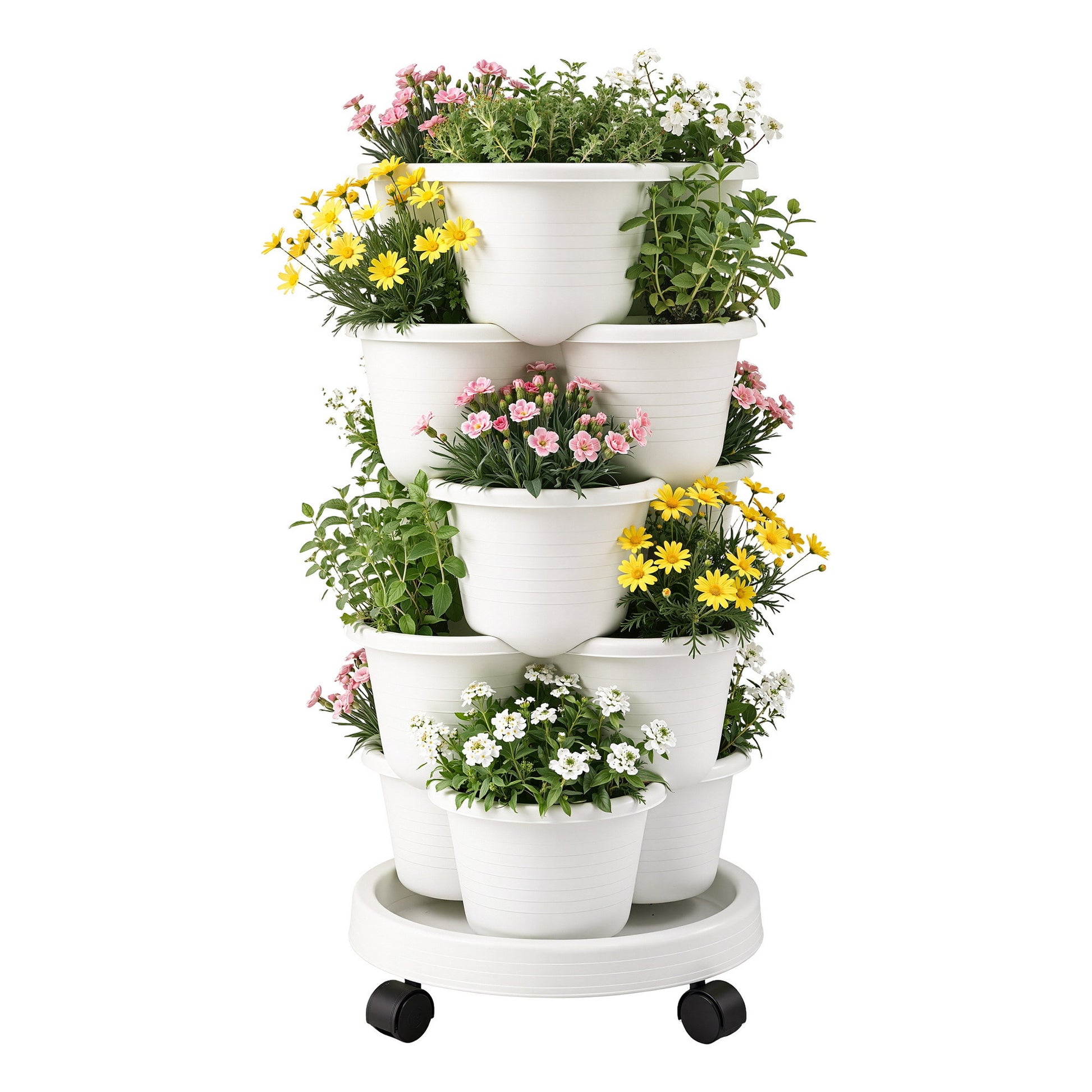 Green Fingers 5 Tier Vertical Garden Planter, Stackable Planters with Wheels, White, Garden Bed, Garden Tower GARDEN-5T-WH