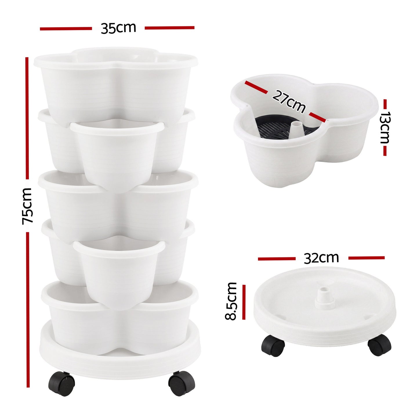 Green Fingers 5 Tier Vertical Garden Planter, Stackable Planters with Wheels, White, Garden Bed, Garden Tower GARDEN-5T-WH