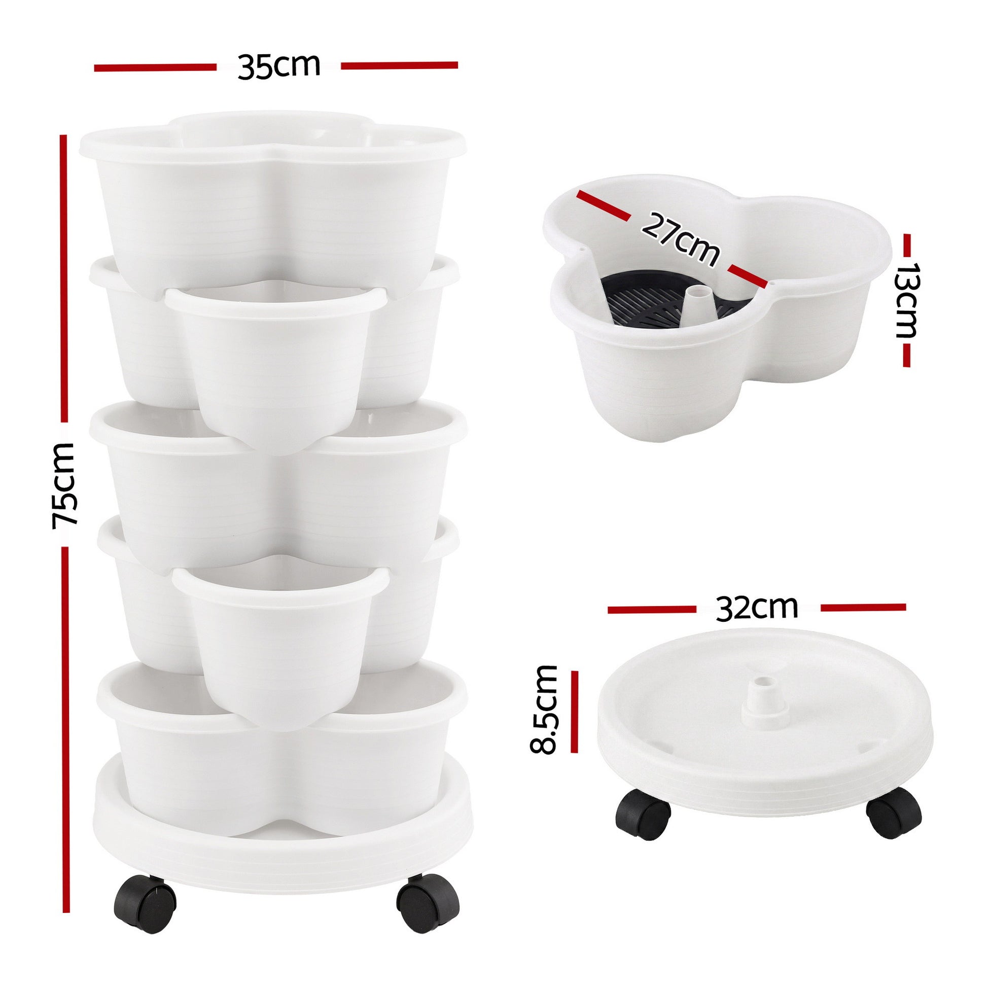 Green Fingers 5 Tier Vertical Garden Planter, Stackable Planters with Wheels, White, Garden Bed, Garden Tower GARDEN-5T-WH